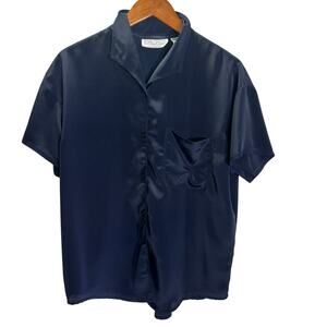 Vintage La Chine Classic Galinda Wang Navy Satin Blouse Button Pocket Sz 12